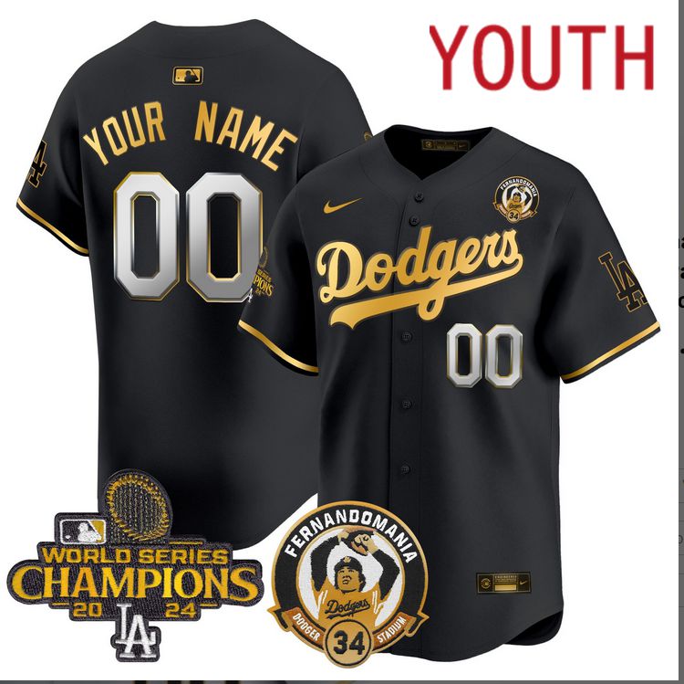 Youth MLB Los Angeles Dodgers Custom black 2024 World Series Champions Patch Cooperstown Jersey style 8->customized mlb jersey->Custom Jersey